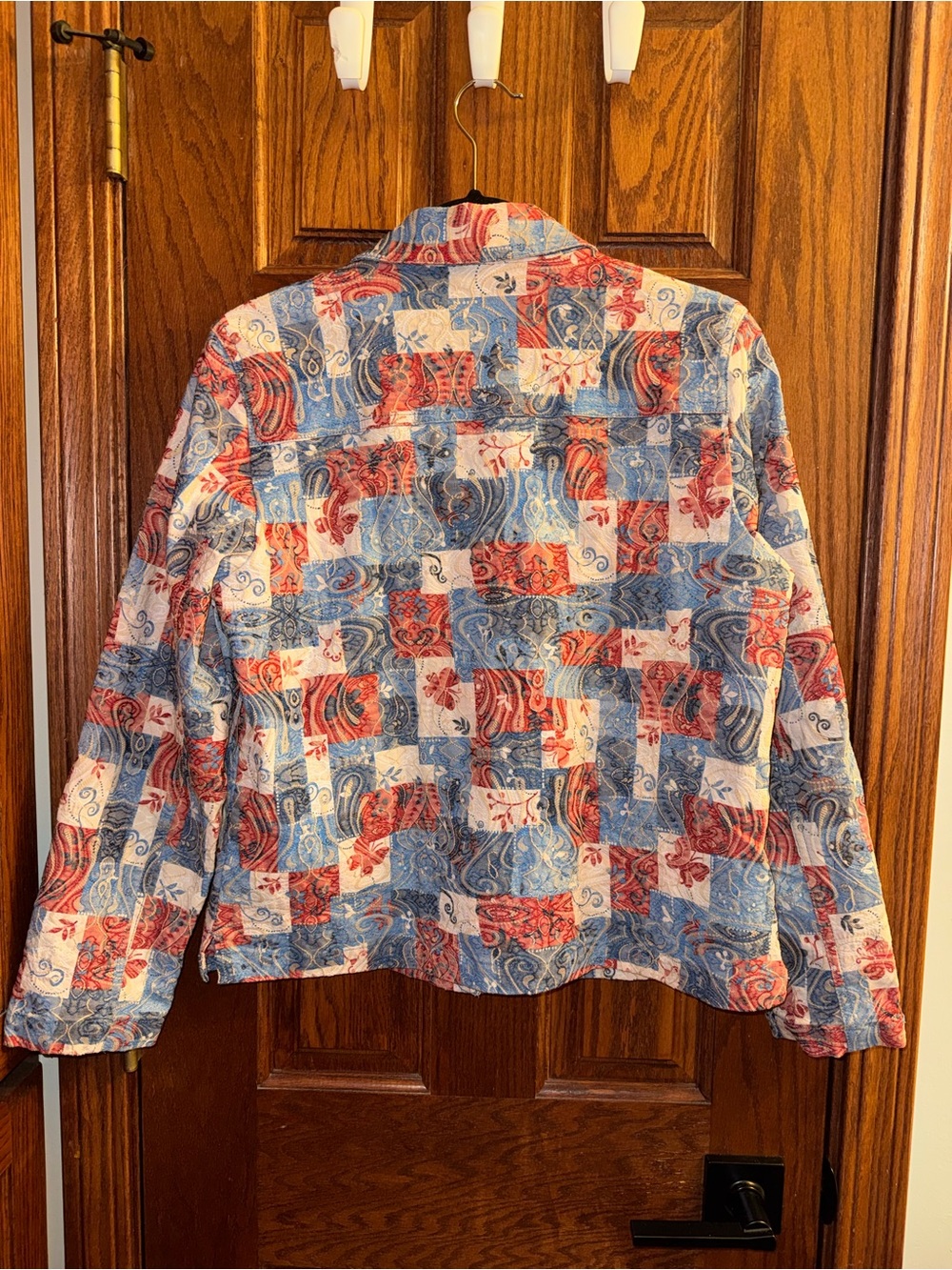 Patchwork Print Button-Front Jacket - Blue & Red - Picture 3 of 6